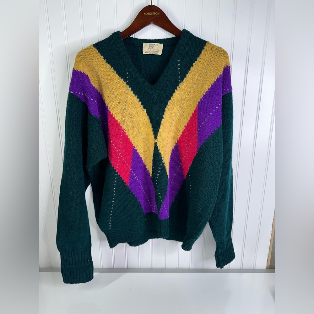 Vintage  LORD JEFF 100% Shetland Wool V- Neck Sweater Size XL Made In Ireland